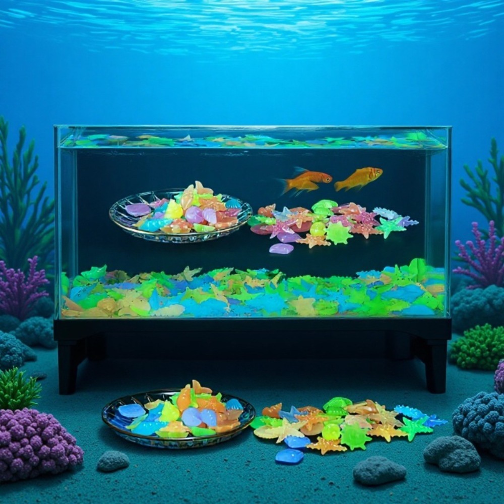 Aquarium Planting Ideas - Pedras oceânicas luminosas, conchas fluorescentes, estrelas-do-mar